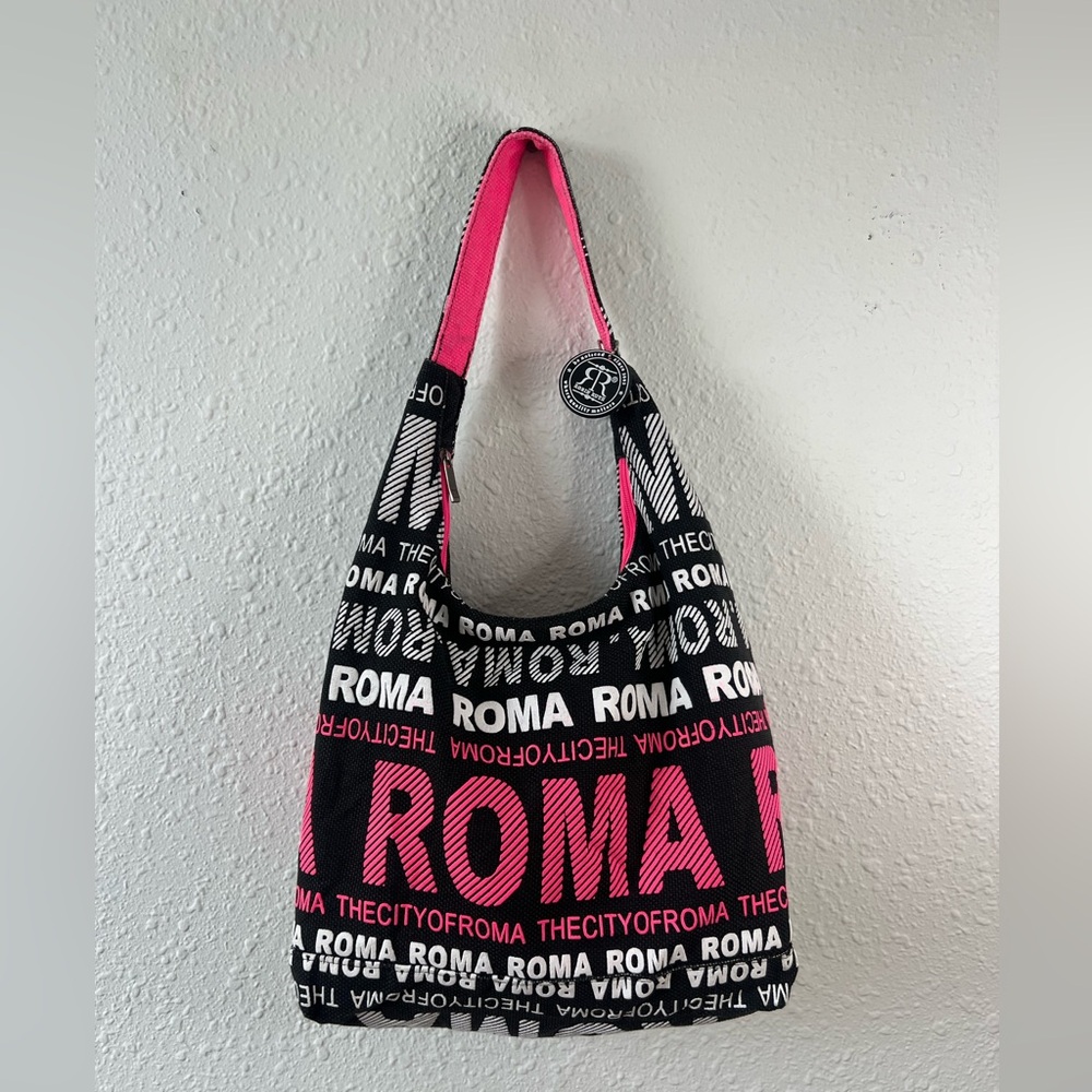 Robin Ruth Roma Hobo Tote Bag Pink Black Graphic Logo Large Shoulder Bag Y2K